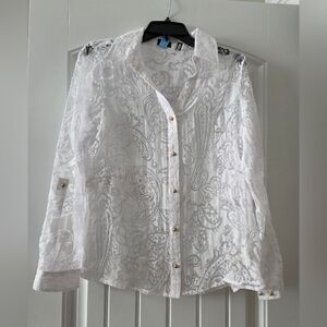 Rafaella White Sheer Long Sleeve Blouse